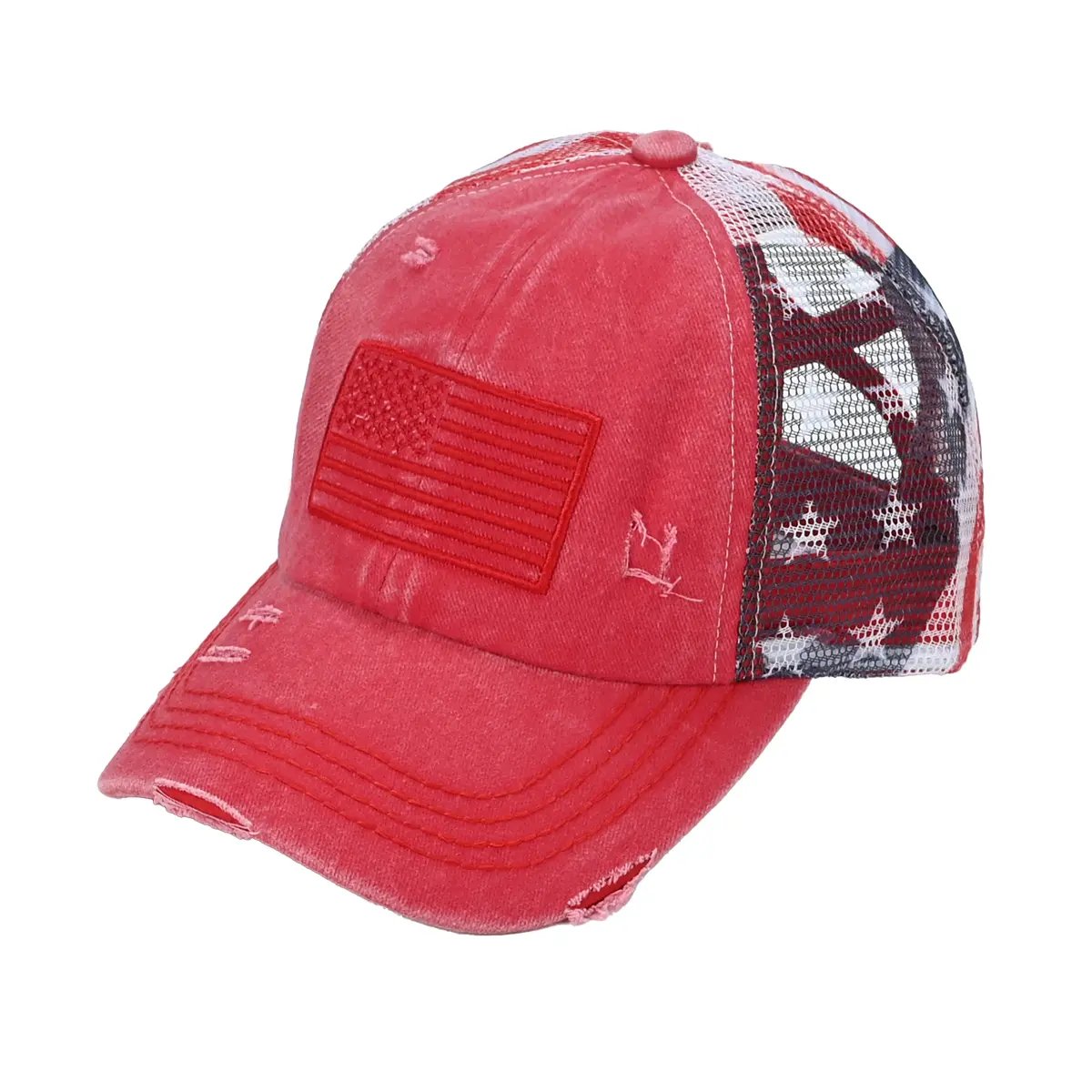 VistaCap – Mehrstufige Criss-Cross-Trucker-Cap mit amerikanischer Flagge