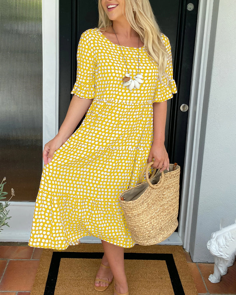 EveCharm – Vestido Midi de Cuello Redondo con Lunares