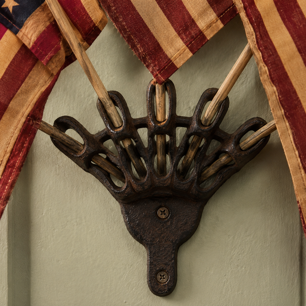 HeritageForge – Exhibidor de pared rústico de hierro fundido para banderas