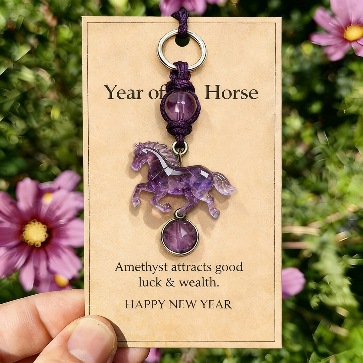 EquiGem – Llavero con Colgante de Caballo y Cristal de Amatista