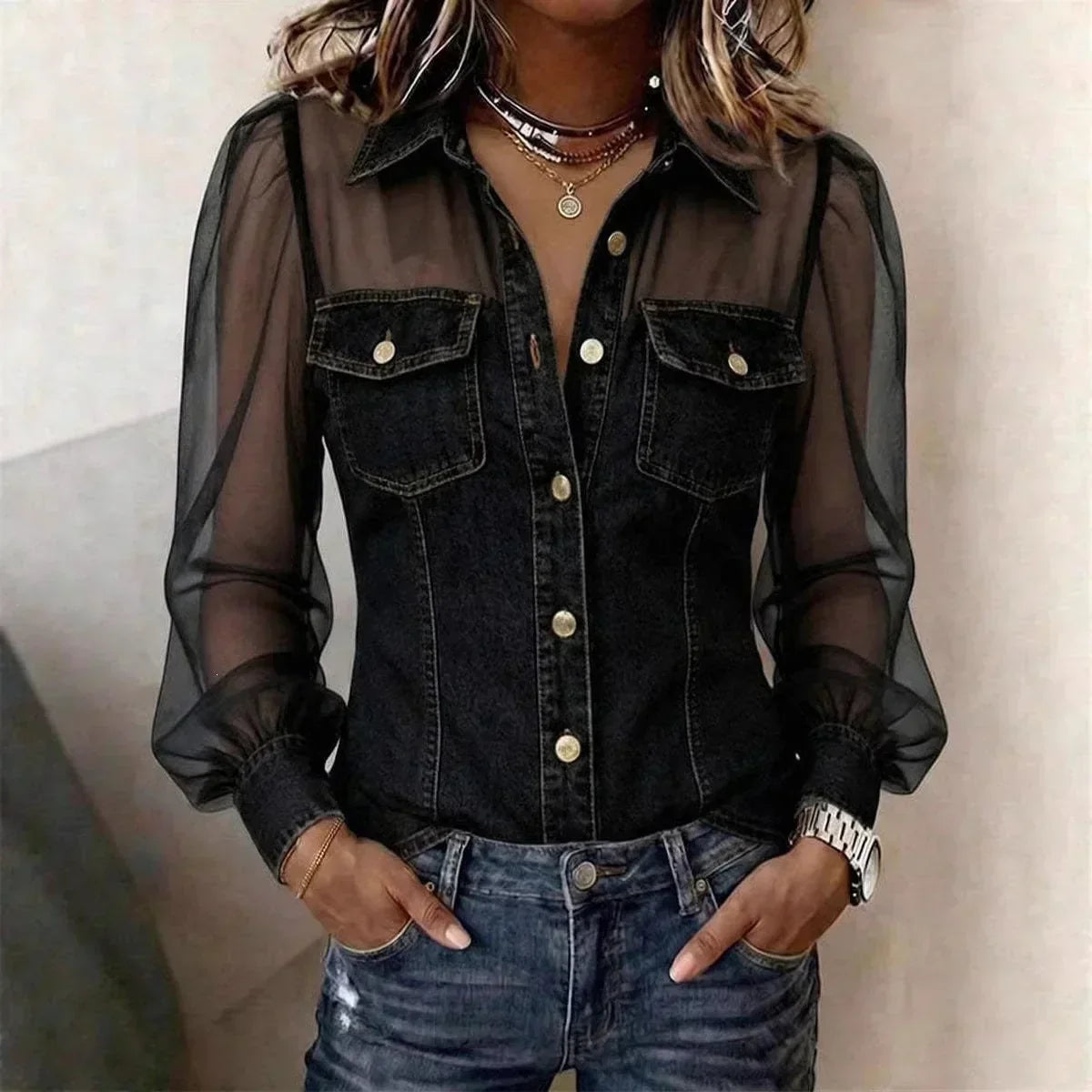LuxeCharm – Blusa de mezclilla casual chic prémium