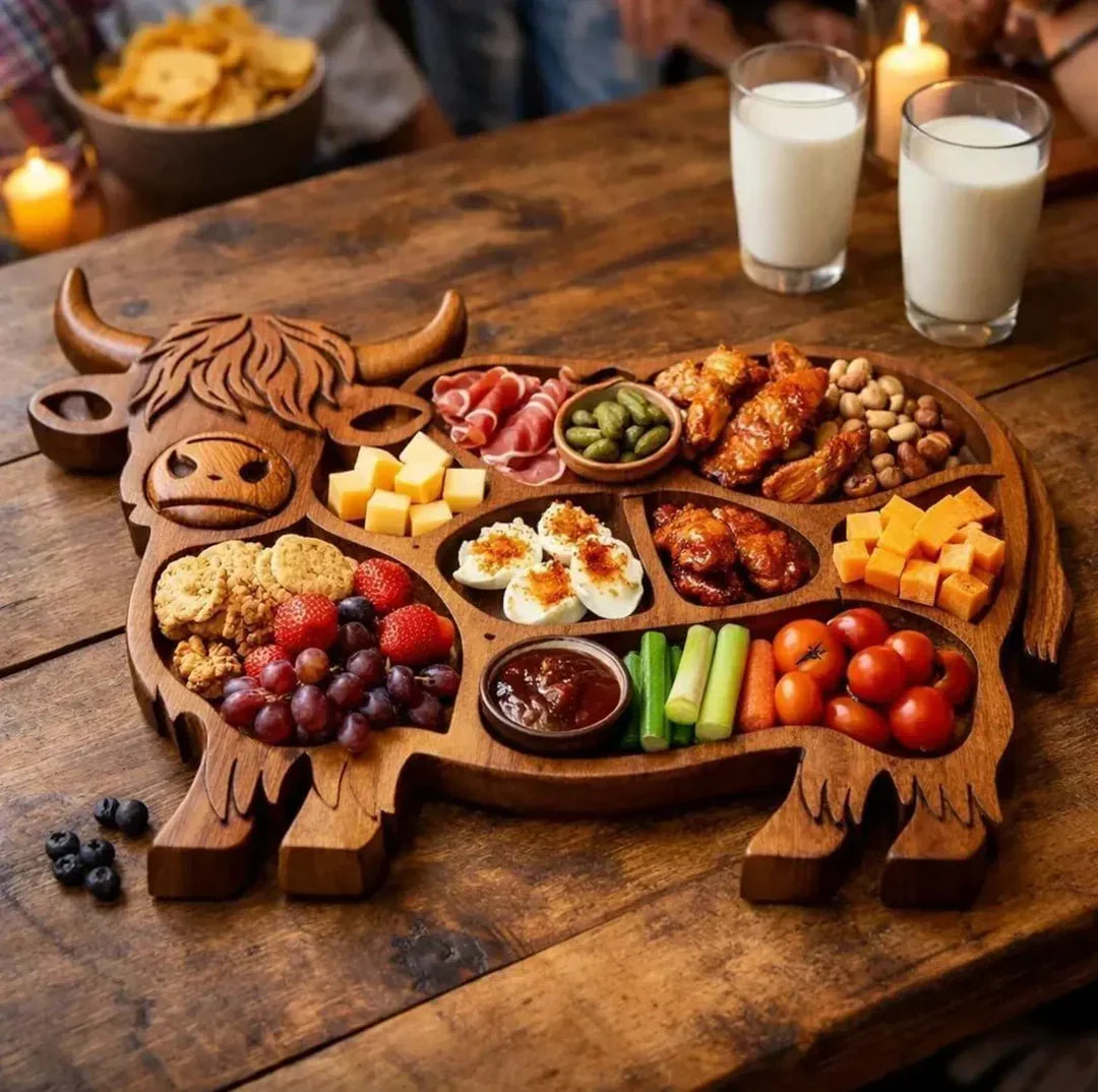 RusticGraze – Tabla de embutidos de madera de vaca de las Tierras Altas