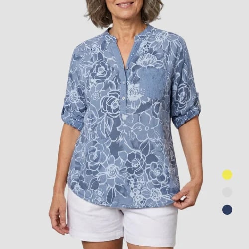PrintLuxe – Blusa Estampada de Cuello en V con Botones