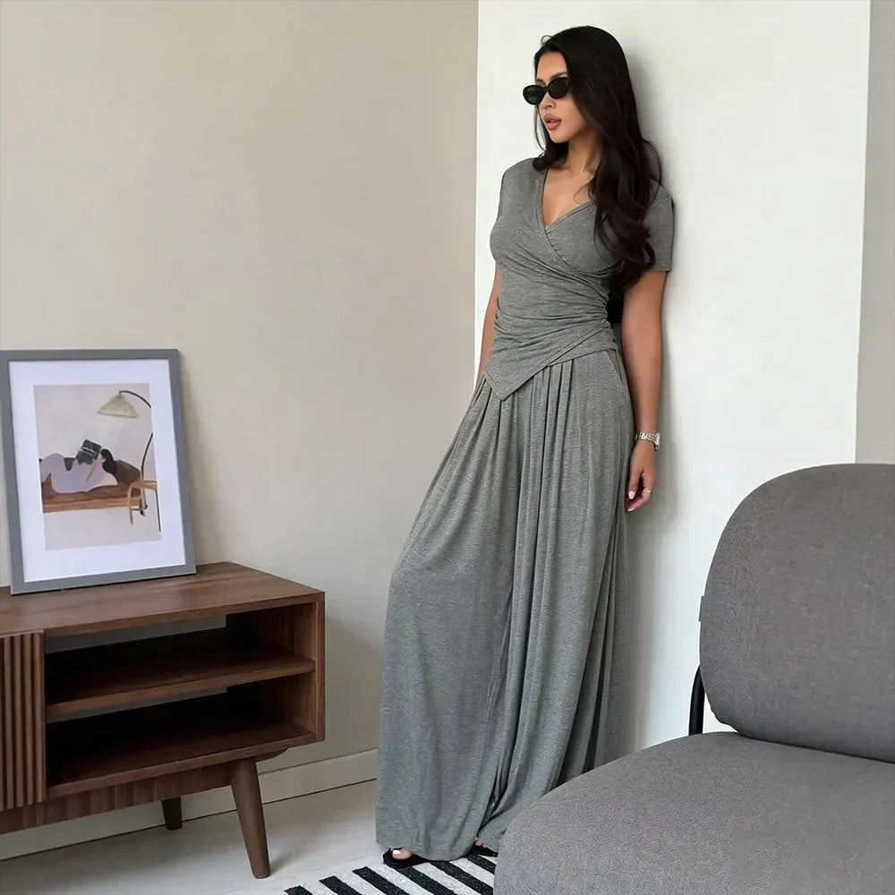 MaisonLuxe – Conjunto sofisticado de top cruzado y pantalón de pierna ancha
