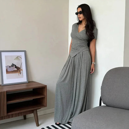 MaisonLuxe – Conjunto sofisticado de top cruzado y pantalón de pierna ancha