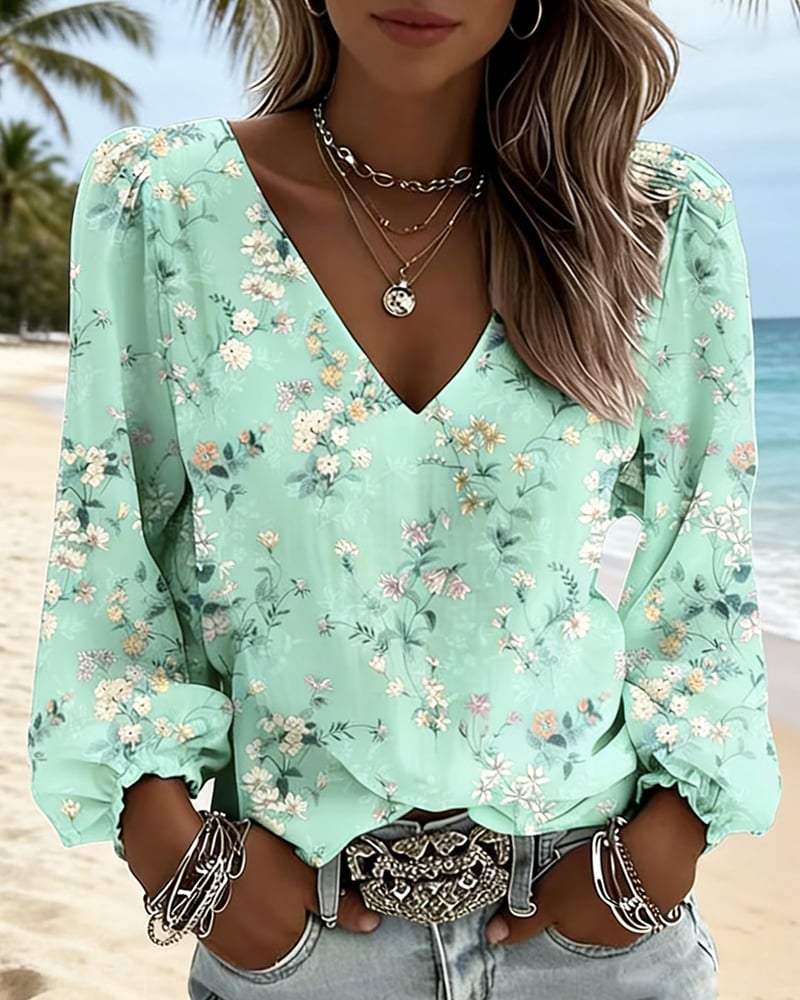 LunaPuff Chic – Blusa Casual con Cuello en V