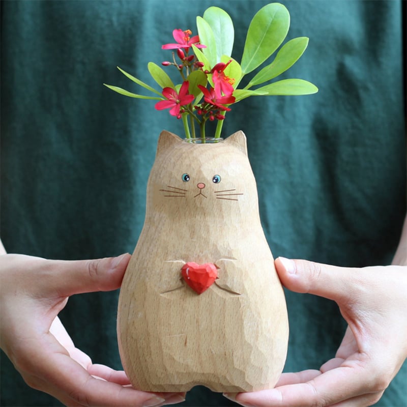 WoodWhisker – Handgefertigte Katzenvase aus Holz