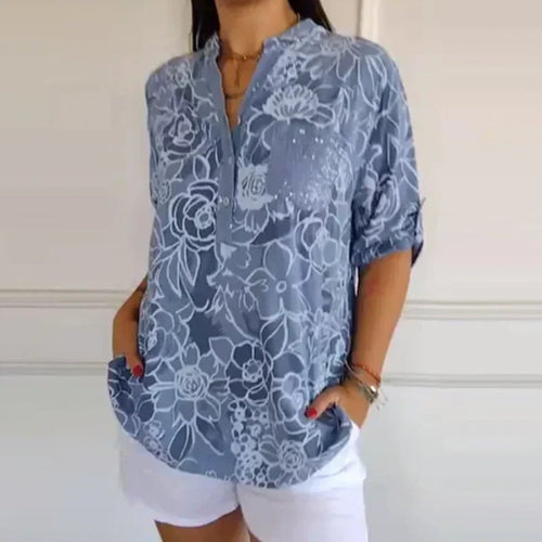 PrintLuxe – Blusa Estampada de Cuello en V con Botones