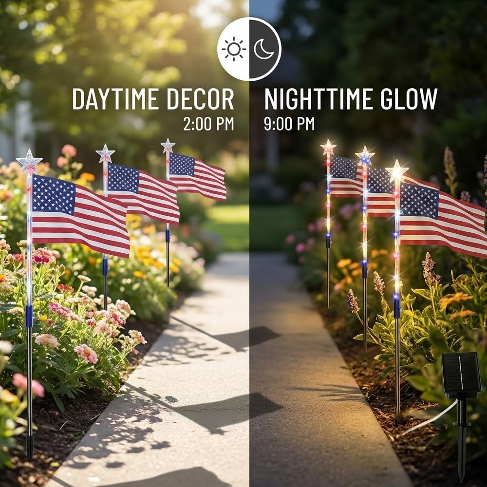8 solarbetriebene Wegeleuchten im Design der amerikanischen Flagge – rot-weiß-blaue Gartenbeleuchtung