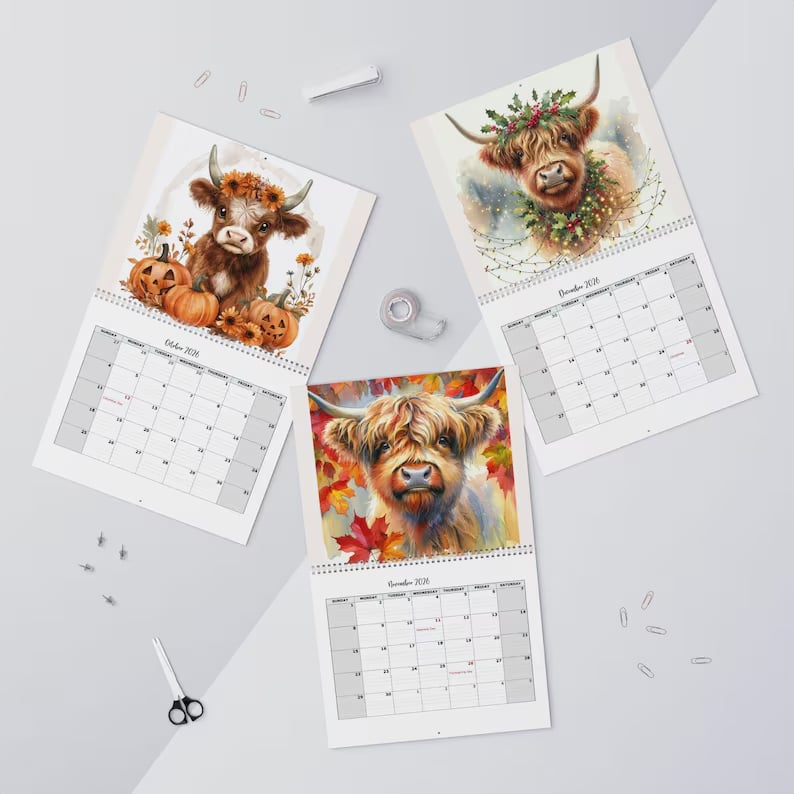 HighlandHugs – Calendario de pared de vaca de las Tierras Altas 2026