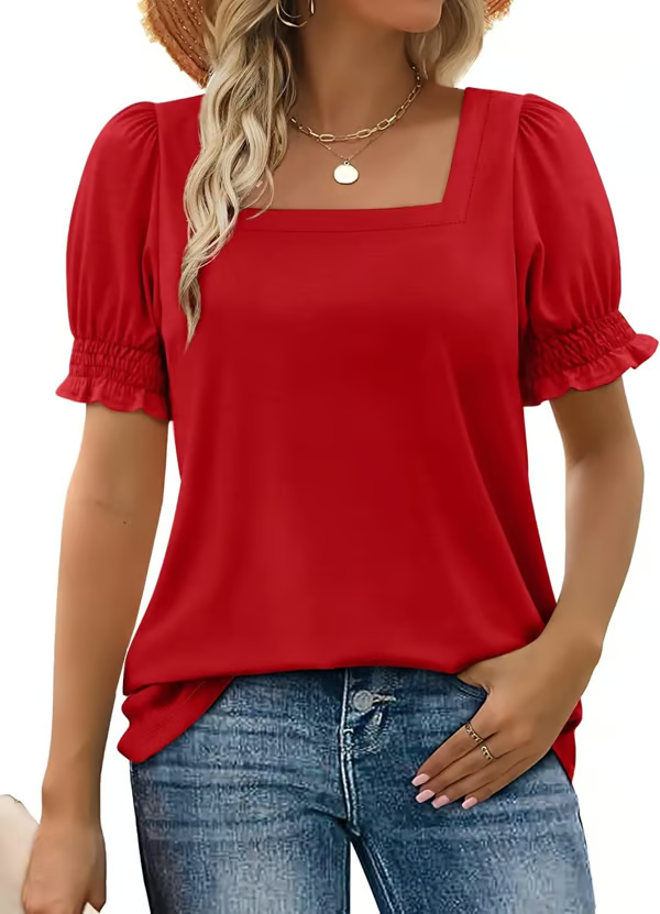 StyleMuse – Top casual de cuello cuadrado y mangas fruncidas