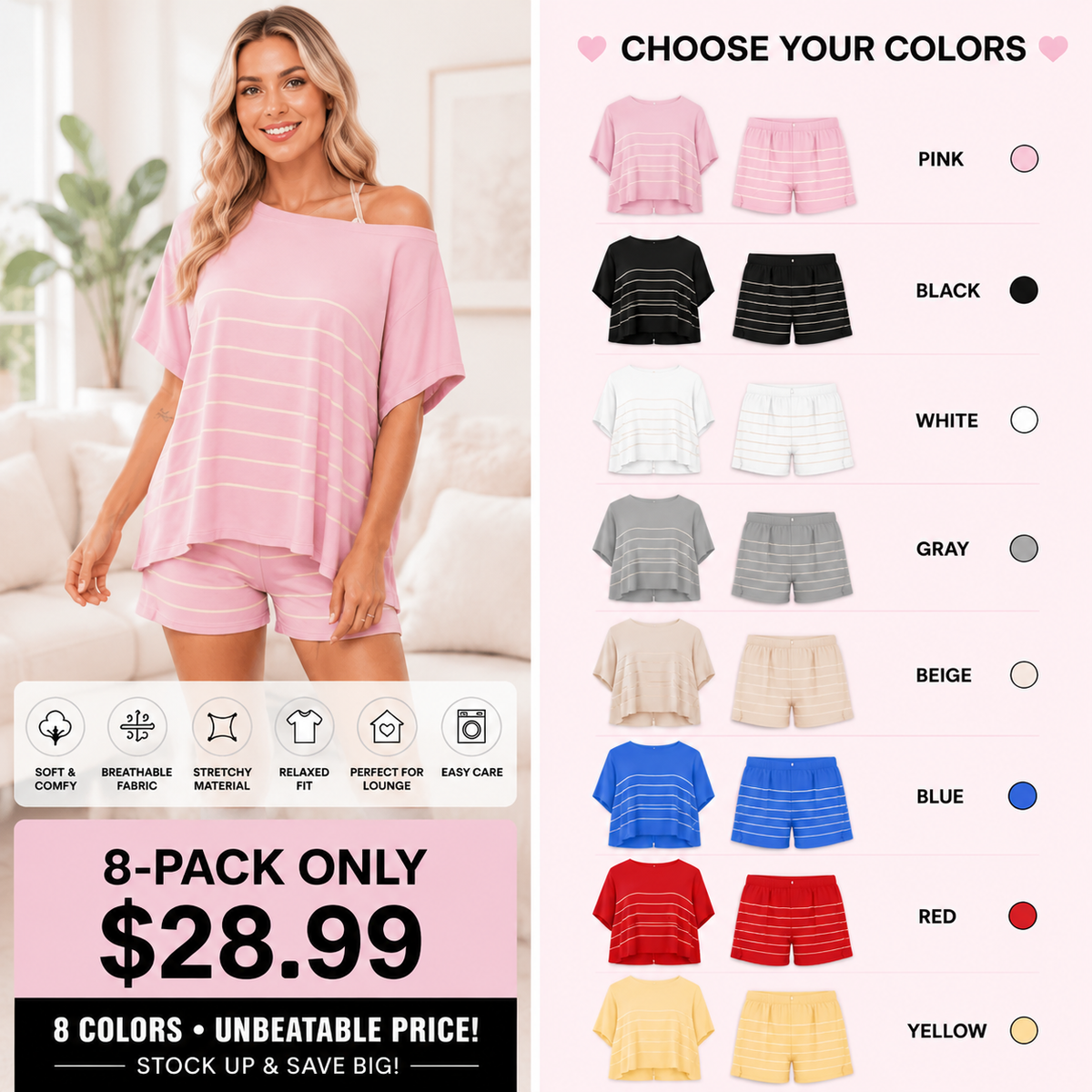 BellaVive – Conjunto de ropa de descanso a rayas chic