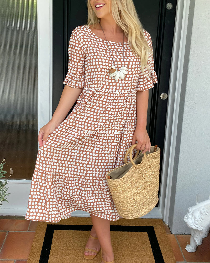 EveCharm – Vestido Midi de Cuello Redondo con Lunares