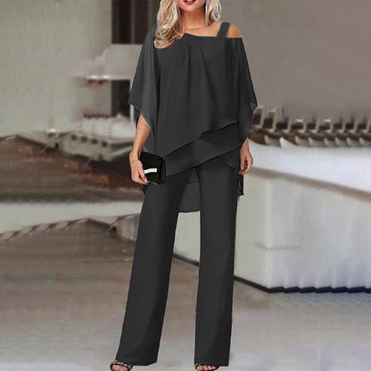 Elaré – Set aus geschichtetem Chiffon-Top und weit ausgestellter Hose