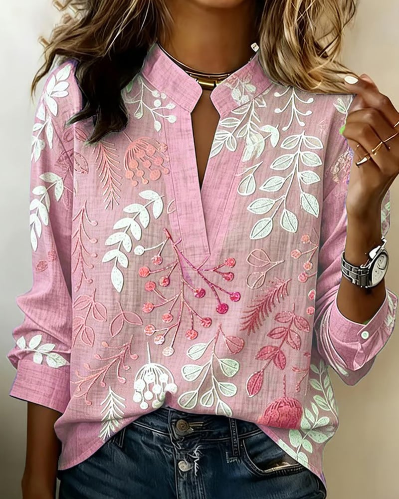 FloraMuse – Elegante Blumenbluse mit Stehkragen