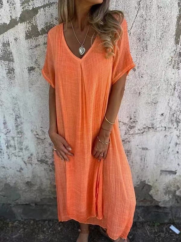 WearEase – Vestido midi de cuello en V de algodón y lino