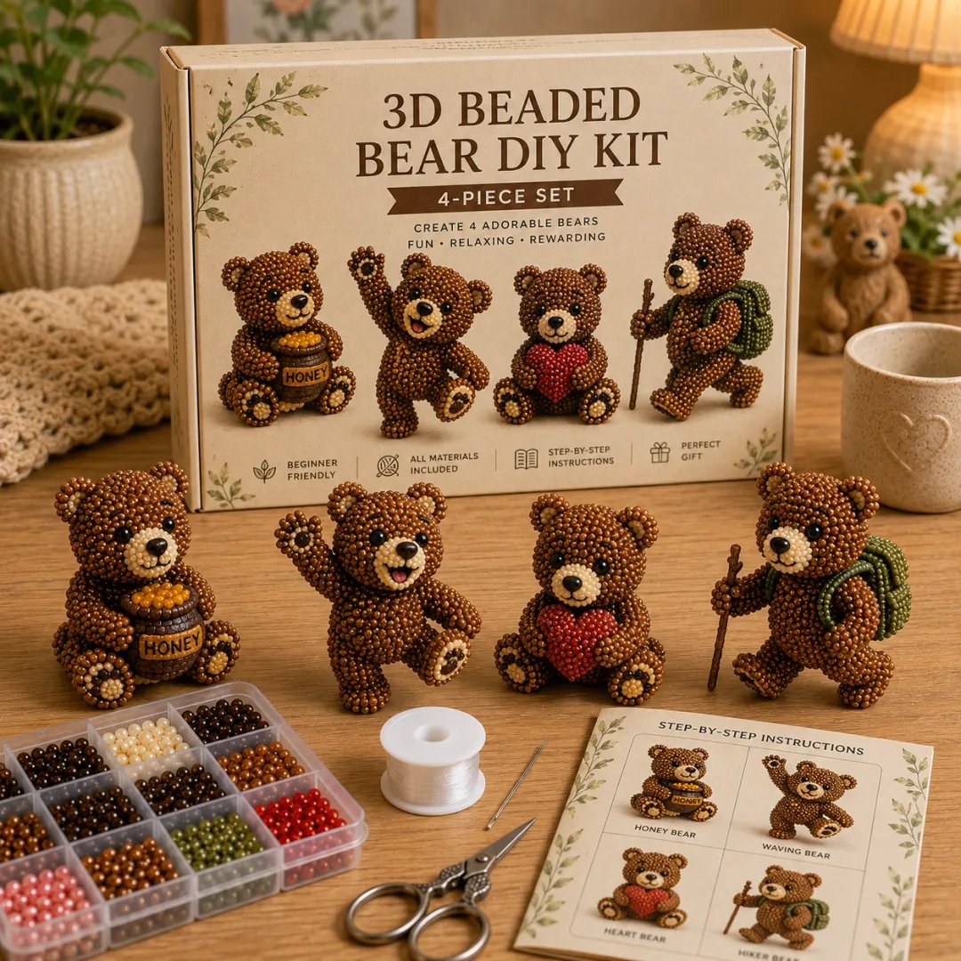 BearCraft - Kit de bricolaje de oso con cuentas 3D (set de 4 piezas hechas a mano)