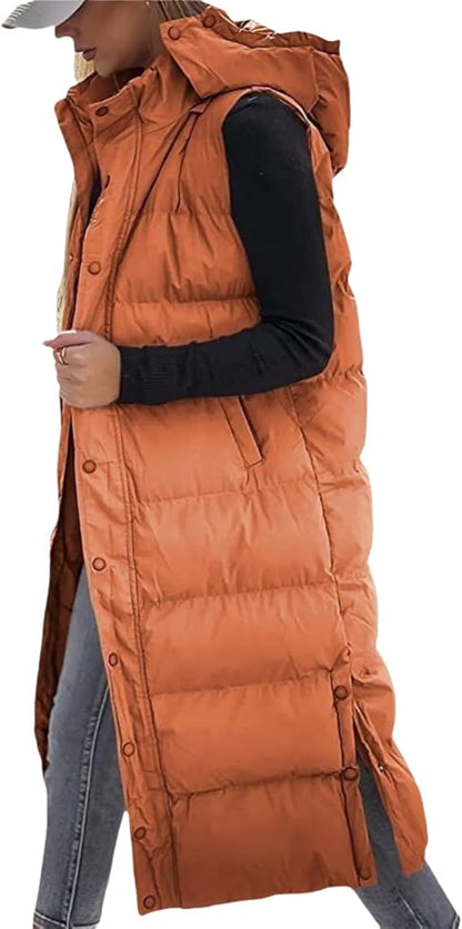 QuiltChic – Chaleco largo acolchado con capucha para mujer