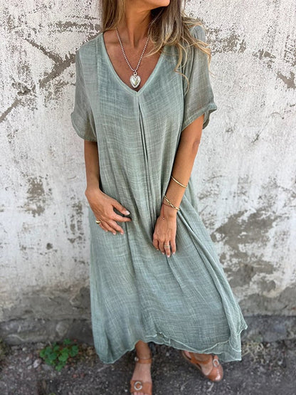WearEase – Vestido midi de cuello en V de algodón y lino