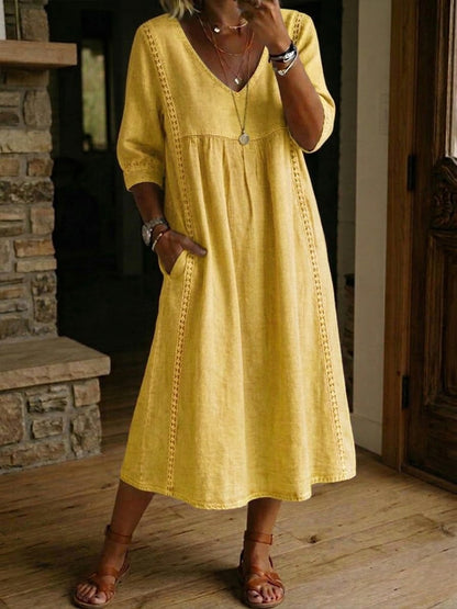 LinenLace – Vestido Casual de Lino y Algodón con Retazos