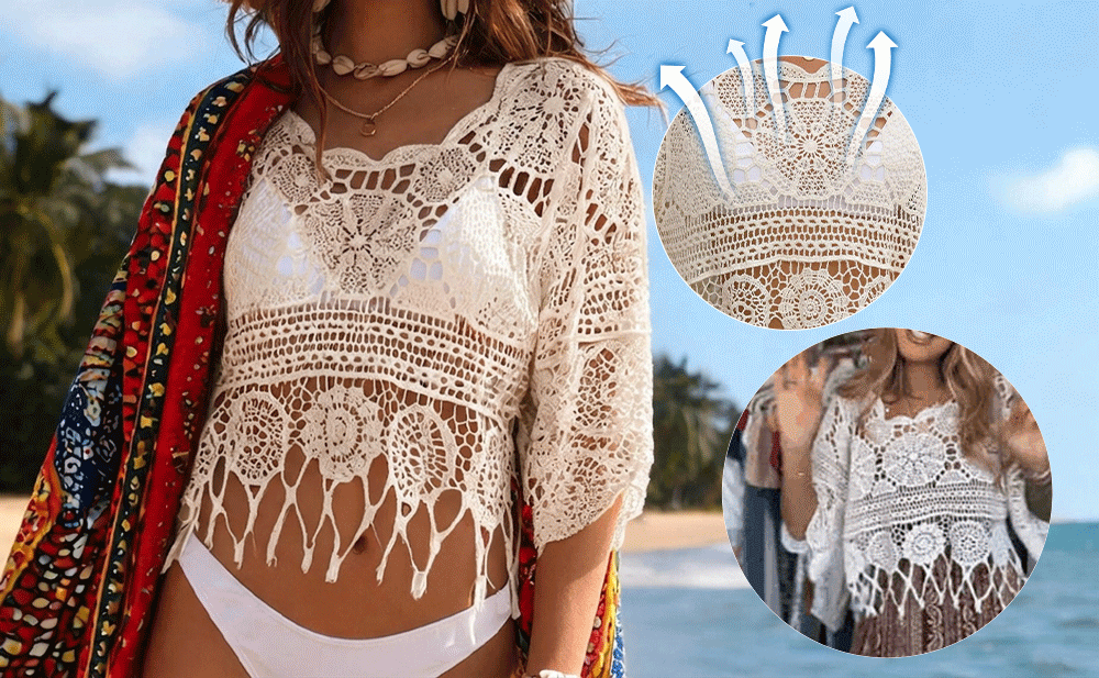 LaceAura – Túnica calada de croché con flecos para playa