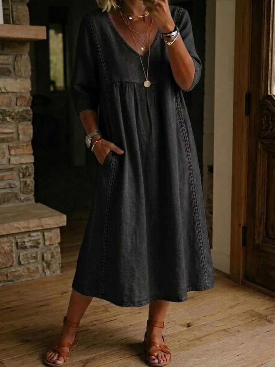 LinenLace – Vestido Casual de Lino y Algodón con Retazos