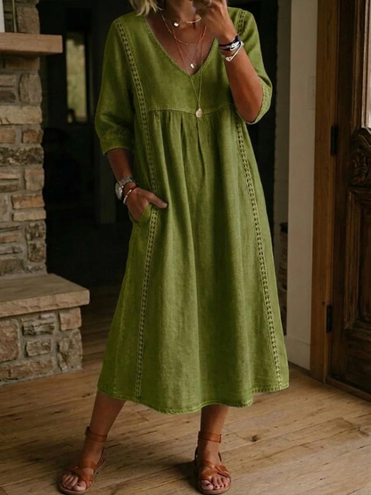 LinenLace – Vestido Casual de Lino y Algodón con Retazos