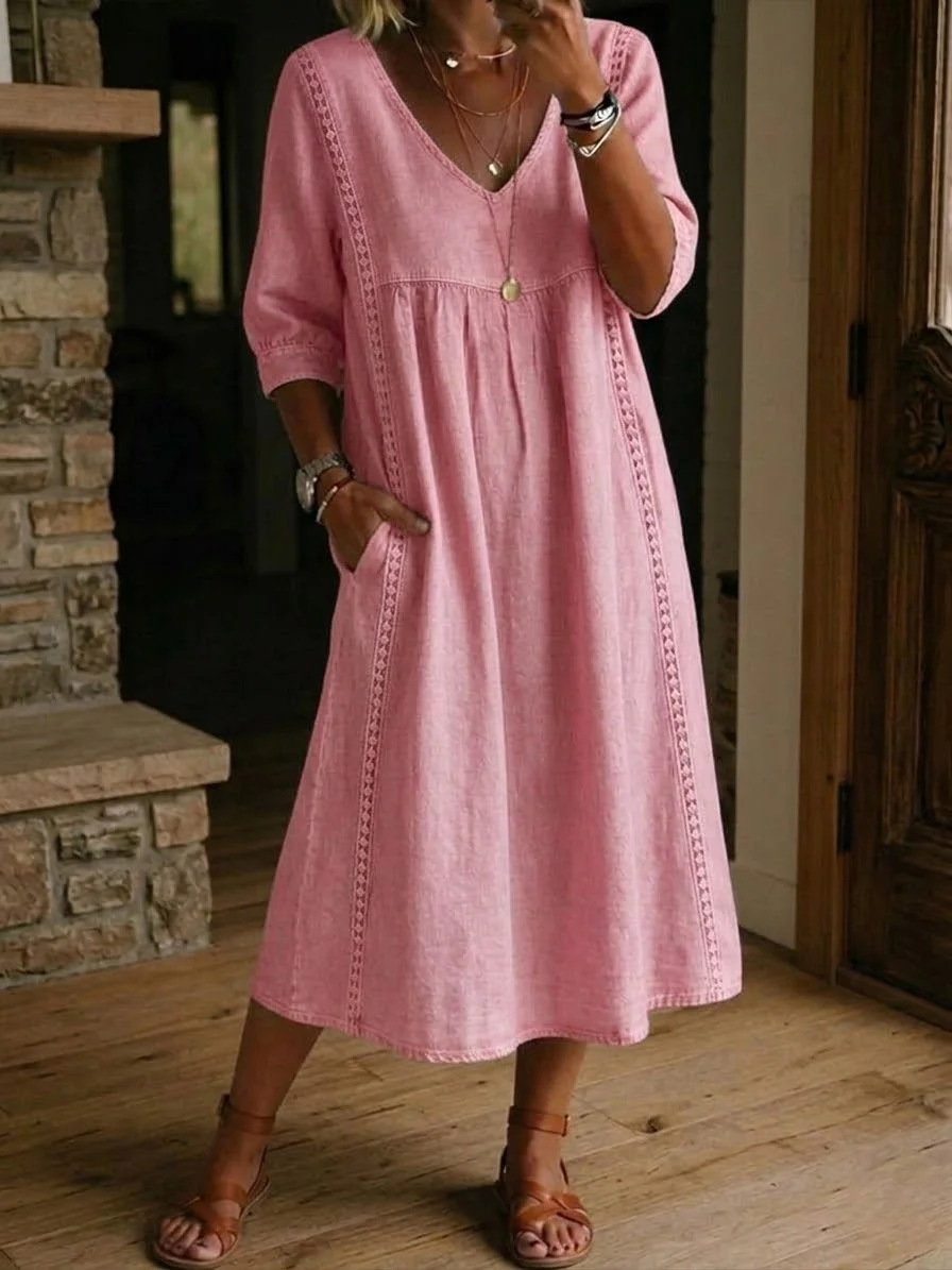 LinenLace – Vestido Casual de Lino y Algodón con Retazos