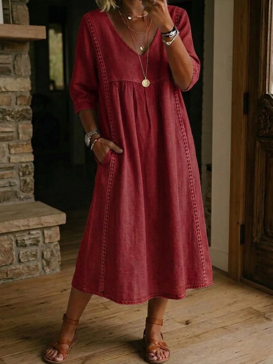 LinenLace – Vestido Casual de Lino y Algodón con Retazos