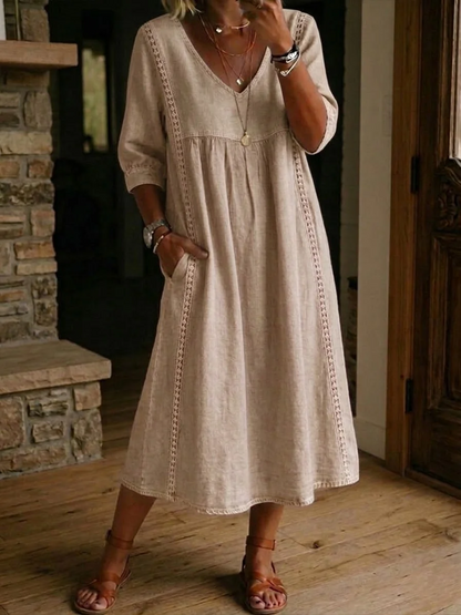 LinenLace – Vestido Casual de Lino y Algodón con Retazos