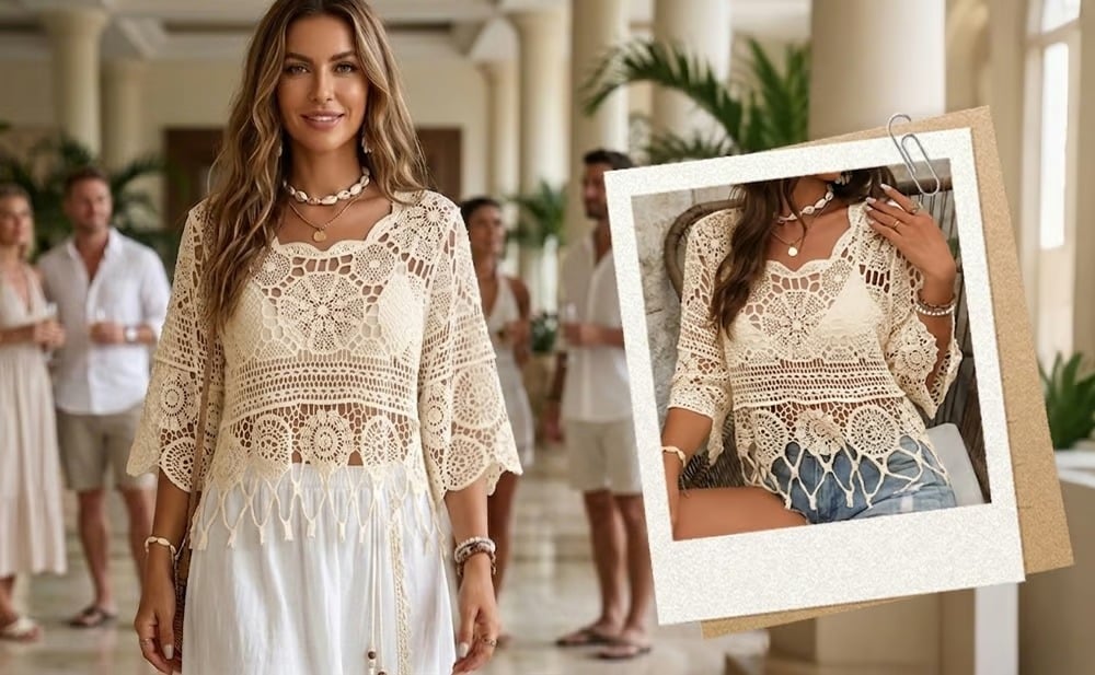 LaceAura – Túnica calada de croché con flecos para playa