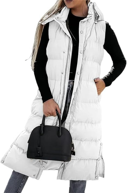 QuiltChic – Chaleco largo acolchado con capucha para mujer
