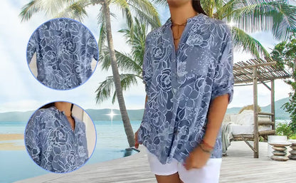 PrintLuxe – Blusa Estampada de Cuello en V con Botones