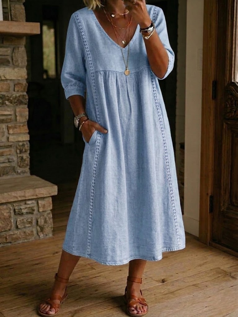 LinenLace – Vestido Casual de Lino y Algodón con Retazos