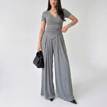 MaisonLuxe – Conjunto sofisticado de top cruzado y pantalón de pierna ancha