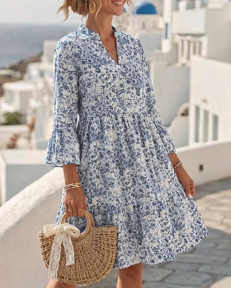 BloomLayer – Vestido floral de capas con cuello en V