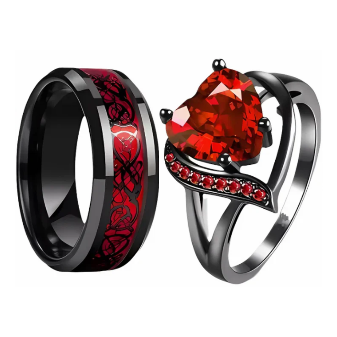 EternaBond – Ring-Set für Paare mit keltischem Drachenmotiv & rotem Herz