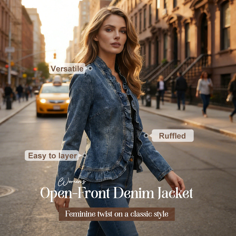 DenimLuxe – Chaqueta de mezclilla con ribete de volantes para mujer