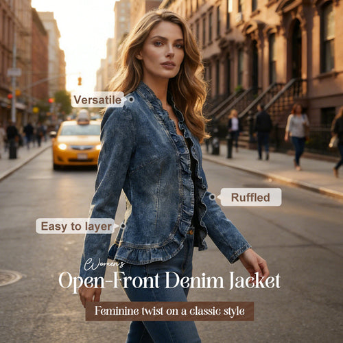 DenimLuxe – Chaqueta de mezclilla con ribete de volantes para mujer