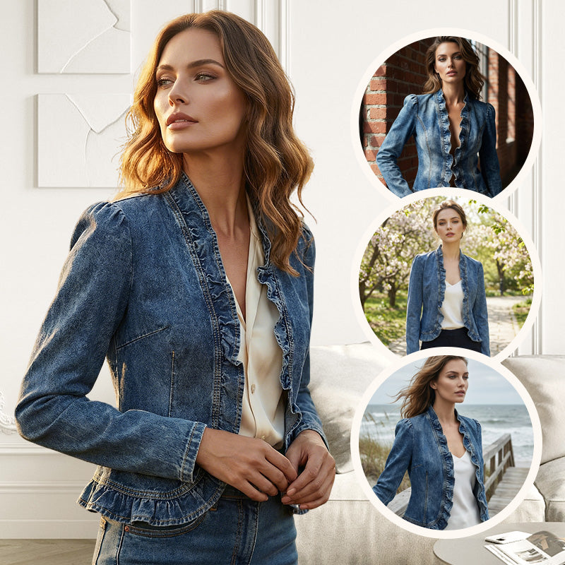 DenimLuxe – Chaqueta de mezclilla con ribete de volantes para mujer