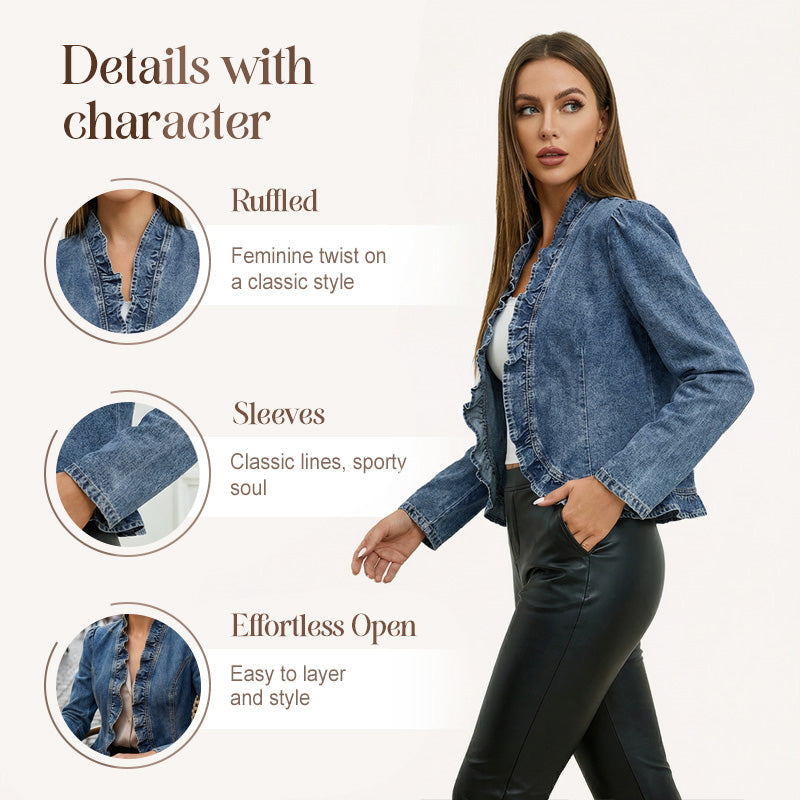 DenimLuxe – Chaqueta de mezclilla con ribete de volantes para mujer