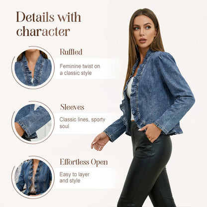 DenimLuxe – Chaqueta de mezclilla con ribete de volantes para mujer