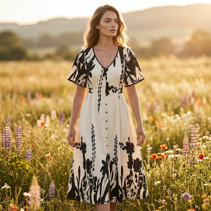 FloraVibe – Elegantes Midikleid mit Pflanzenmuster und V-Ausschnitt