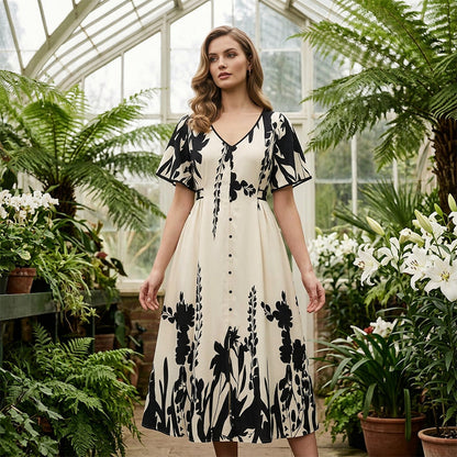FloraVibe – Elegantes Midikleid mit Pflanzenmuster und V-Ausschnitt