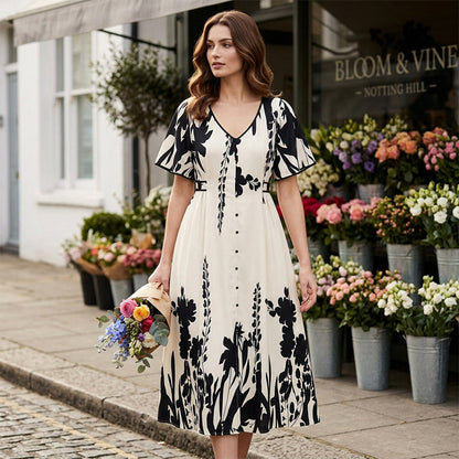 FloraVibe – Elegantes Midikleid mit Pflanzenmuster und V-Ausschnitt
