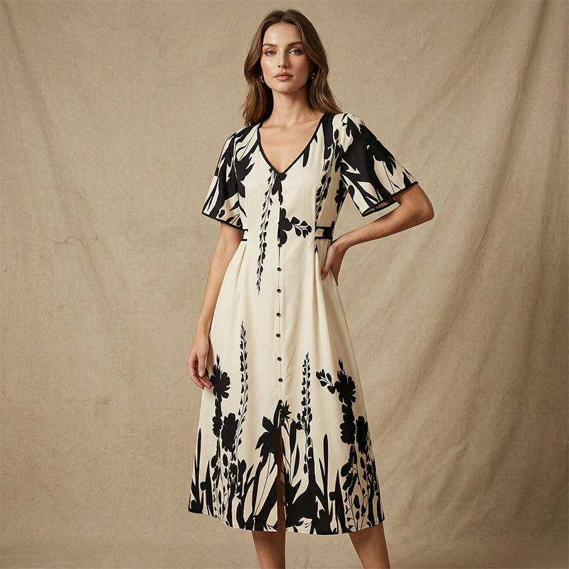 FloraVibe – Elegantes Midikleid mit Pflanzenmuster und V-Ausschnitt