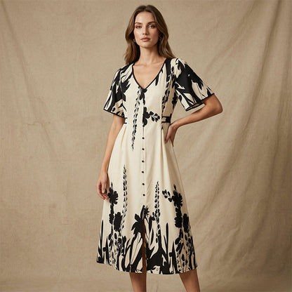 FloraVibe – Elegantes Midikleid mit Pflanzenmuster und V-Ausschnitt