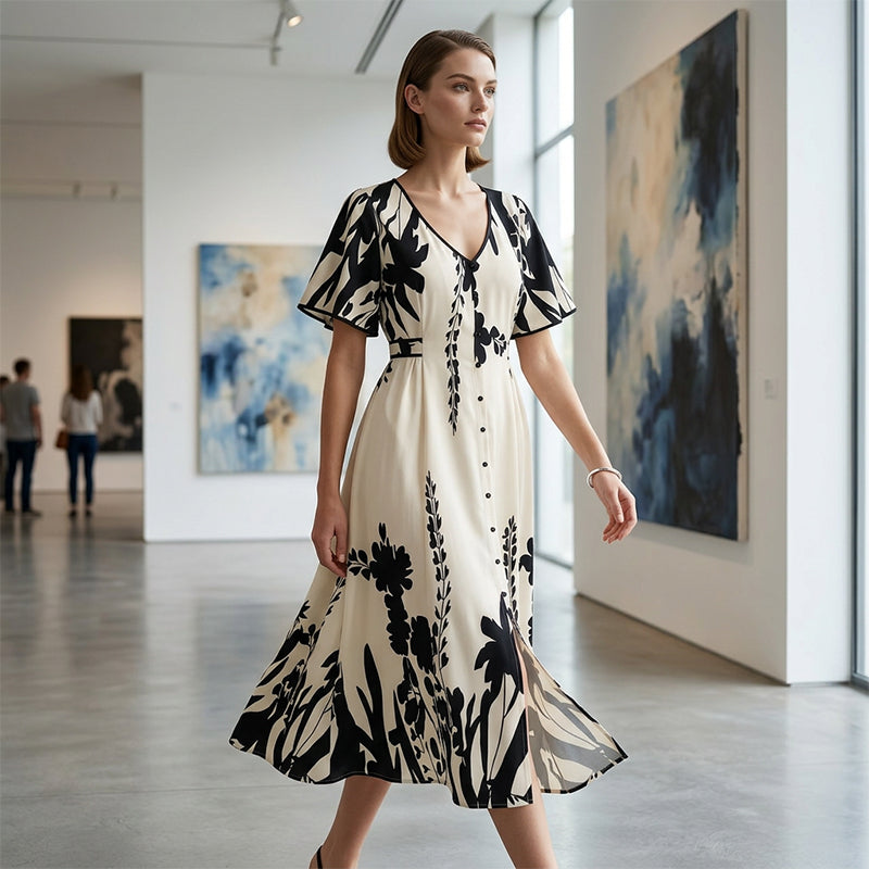 FloraVibe – Elegantes Midikleid mit Pflanzenmuster und V-Ausschnitt