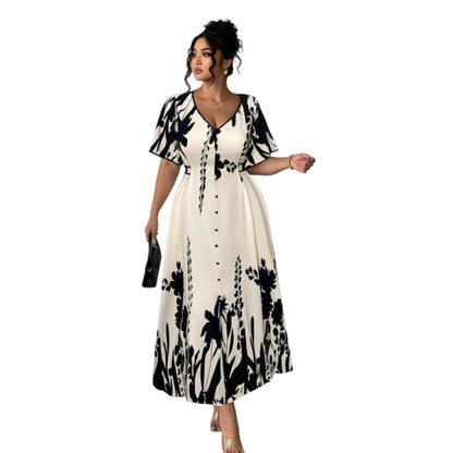 FloraVibe – Elegantes Midikleid mit Pflanzenmuster und V-Ausschnitt