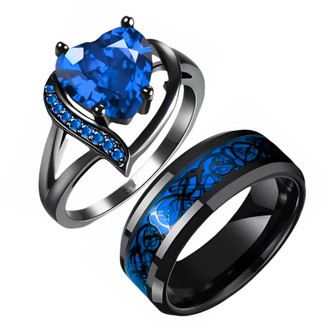EternaBond – Ring-Set für Paare mit keltischem Drachenmotiv & rotem Herz